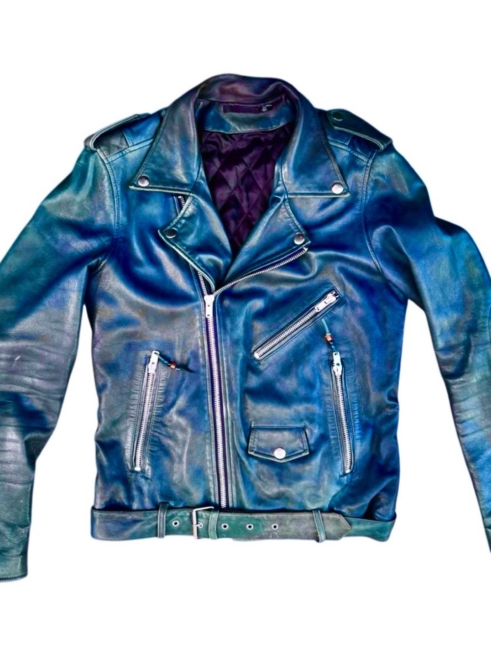 Men's Blue Leather Biker Jacket - Classic Moto Style - Picture 3 of 10